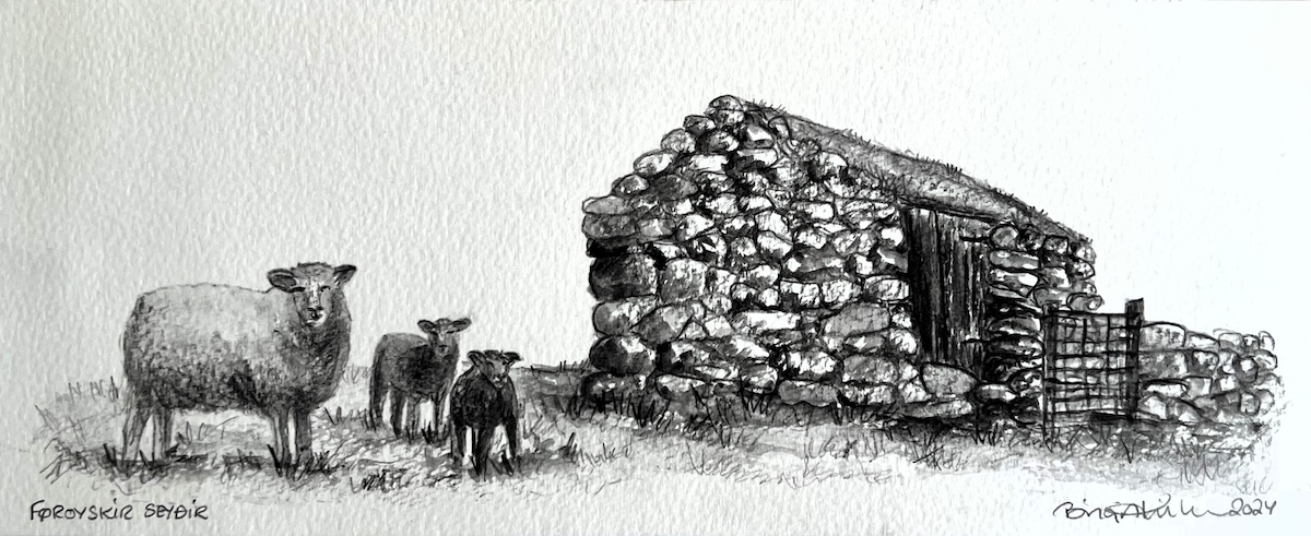 14. Får I Landskabet 22x37 Cm I Passepartout Og Sort Ramme   Litokridt På 300g Papir   Kunstner Birgit Kirke