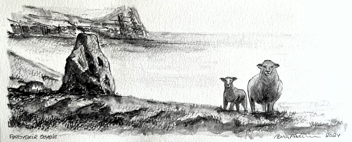 15. Får I Landskabet 22x37 Cm I Passepartout Og Sort Ramme   Litokridt På 300g Papir   Kunstner Birgit Kirke