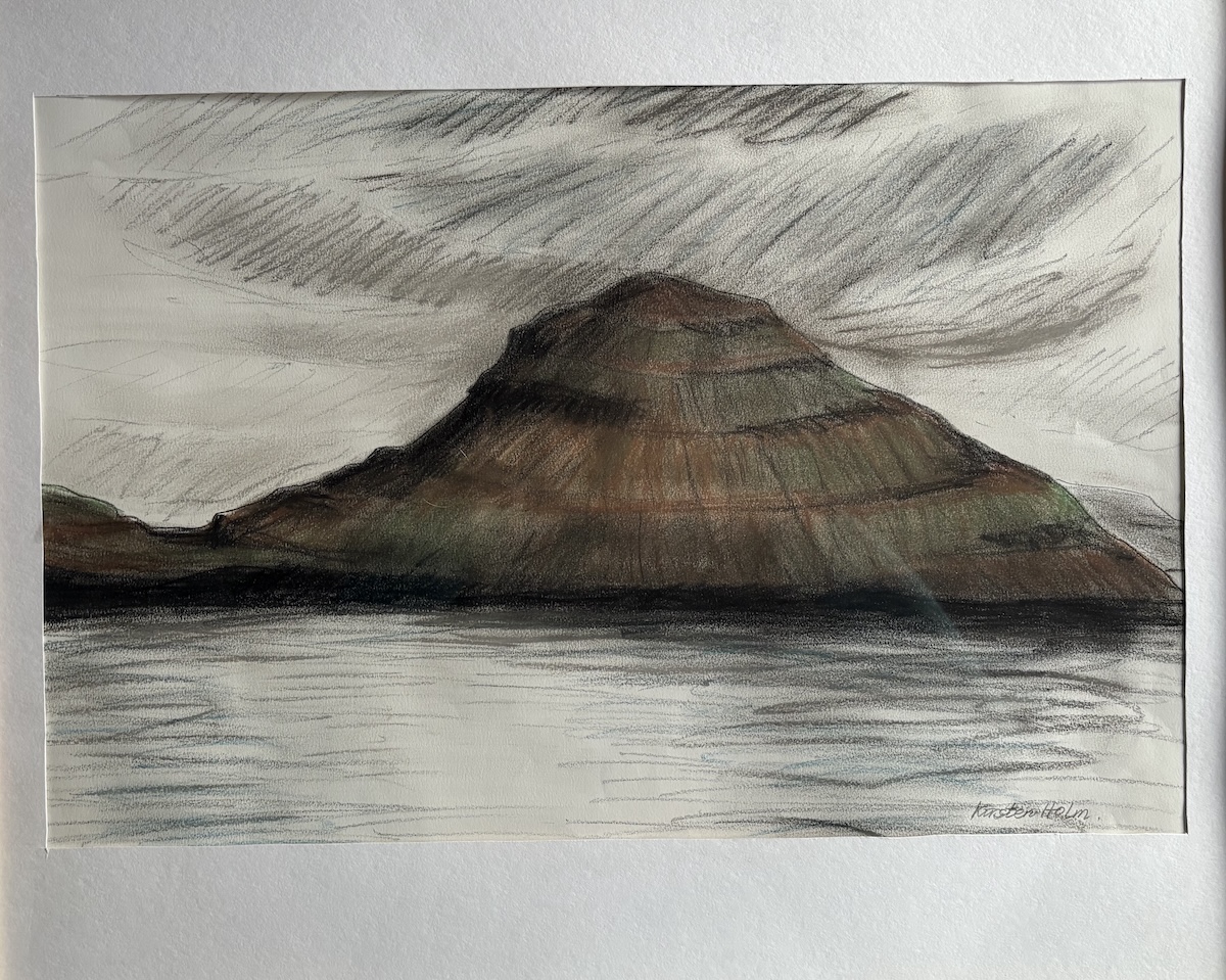 “Nolsoy“. Tegning og oliekridt / drawing and oil pastel. 50 x 60 cm.