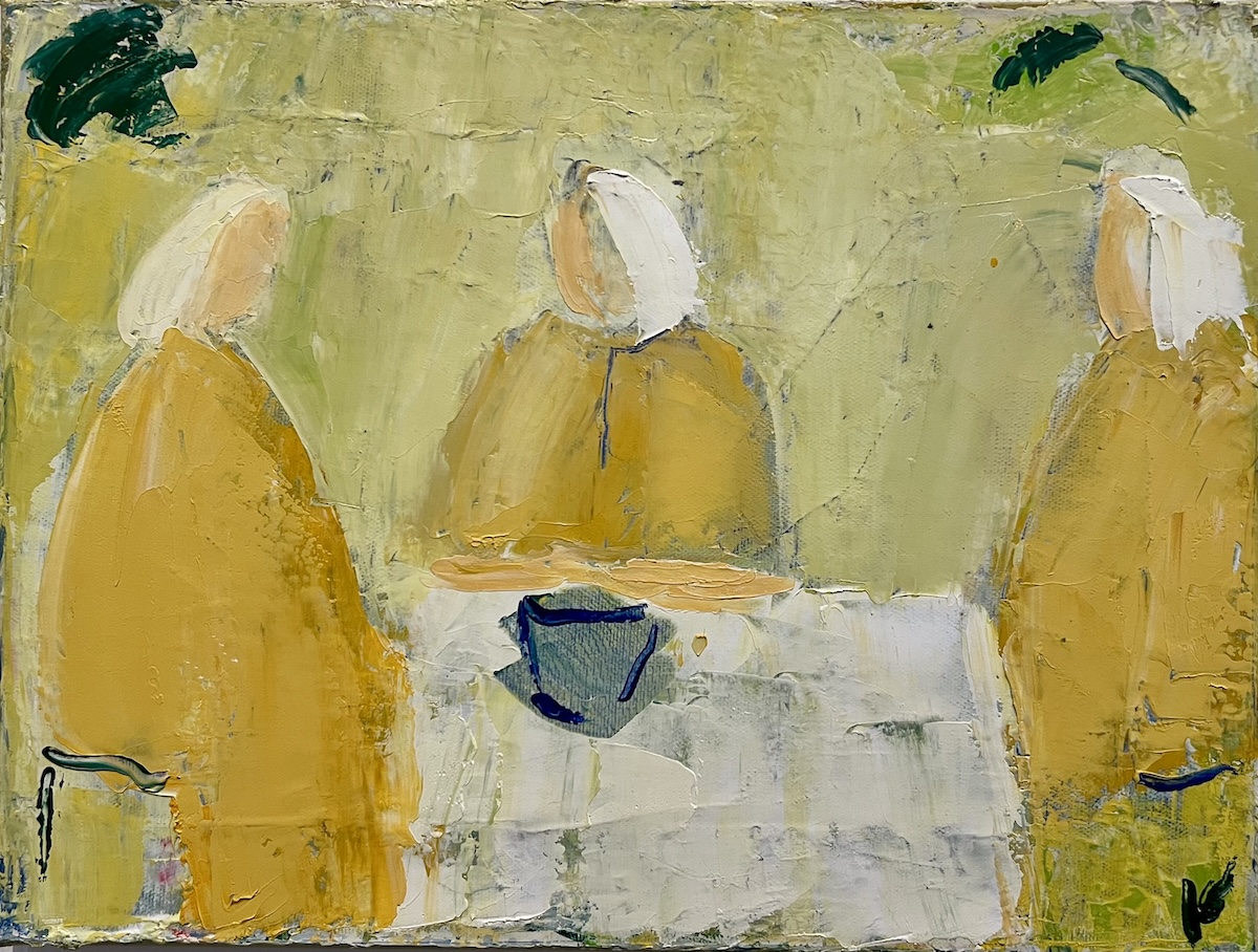 “Samtaler ved et bord”. Maleri på lærred / Paint on canvas. 30 x 40 cm.
