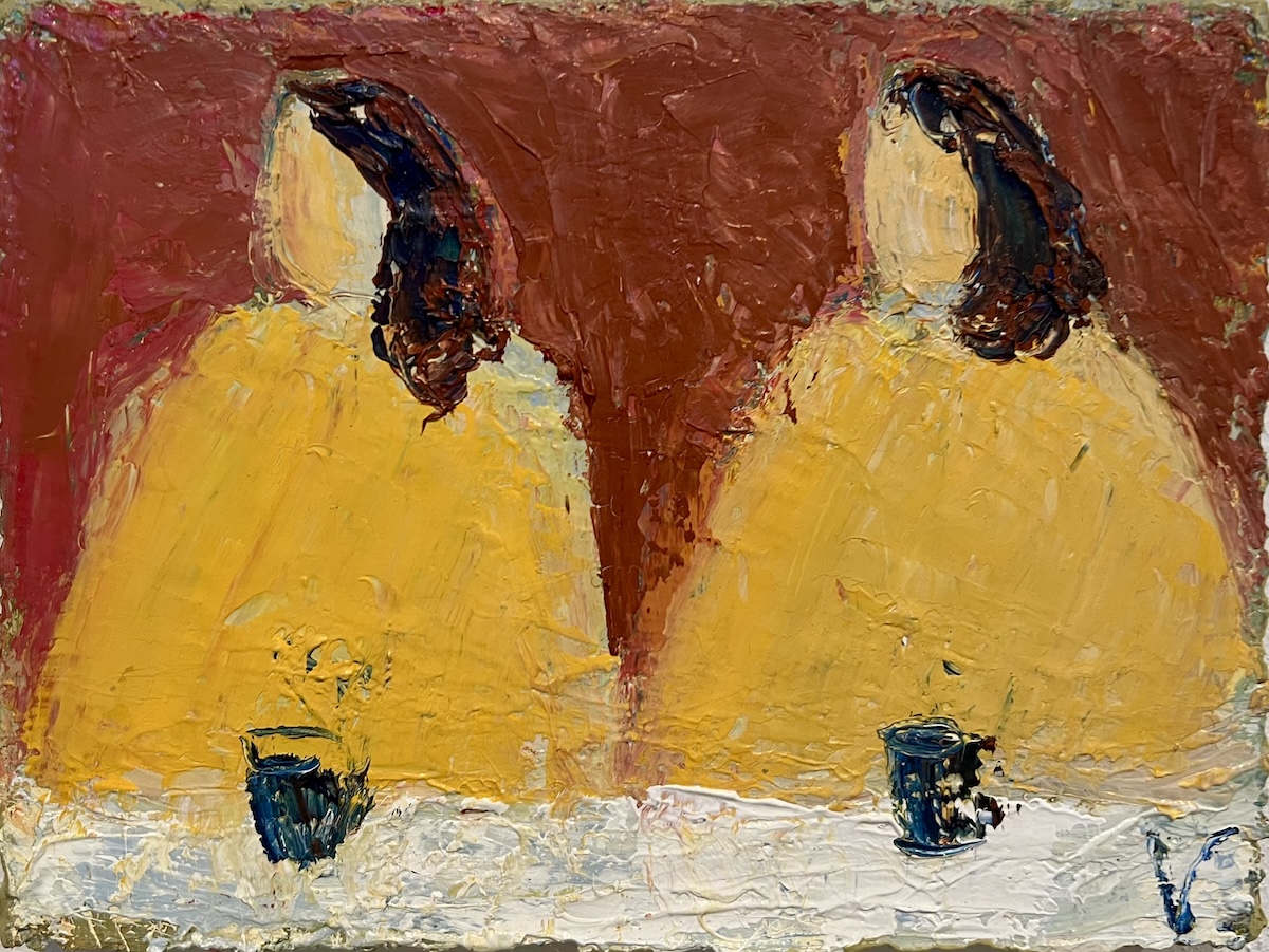 “To kvinder ved et bord”. Maleri på lærred / Paint on canvas. 18 x 24 cm.